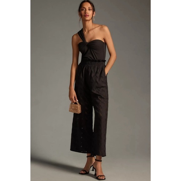 Anthropologie En Saison Black One Shoulder Camilla Jumpsuit M Eyelet Wide Leg - Picture 3 of 16